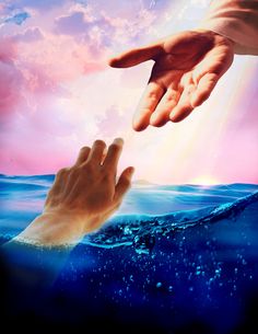 two hands reaching towards each other in the water with sunlight shining through clouds above them