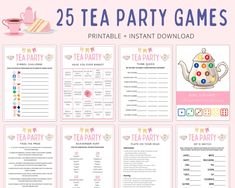 the 25 tea party games are on display in front of a pink background with an image of