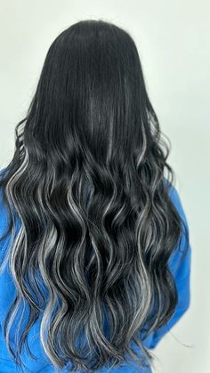 Black Balayage Extensions, Black And Silver Hair Extensions, Black Hair With Grey Extensions, Black Hair Grey Peekaboo, Black And Brown Extensions, Peekaboo Hair Color Gray, Black Hair With Silver Extensions, Black Hair Silver Extensions, Black Hair With Icy Highlights