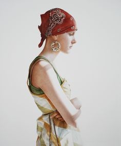 a painting of a woman with a red hat on her head wearing a dress and earrings