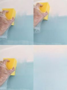 four pictures of someone's hand on a yellow piece of material with blue background