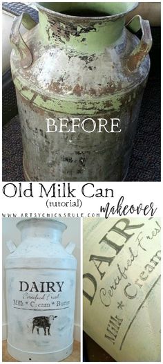 an old milk can is turned into a decorative vase with the words dairy painted on it