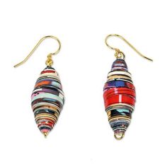 two pairs of colorful glass beads hanging from gold earwires on white background with clipping