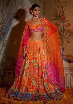 Orange Lehenga, Bridal Sari, Printed Lehenga, Floral Lehenga, Lehenga Blouse, Ghagra Choli, Sharara Set, Lehenga Designs