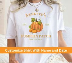 This Custom Name and Date Pumpkin Patch Shirt is a vintage-look Halloween shirt with fall pumpkins that makes a fun personalized t shirt, customized fall oversized shirt for Halloween, plus size Halloween shirt, Halloween pumpkin patch shirt gift, Halloween tee shirt, Halloween party shirt, or easy Halloween costume! PRODUCT DETAILS AND SIZING *Comfort Colors soft-washed, garment-dyed t-shirt.  *100% ring-spun cotton *Relaxed fit makes it an excellent daily choice.  *The double-needle stitching Fall Custom Print Shirt With Relaxed Fit, Fall Season Relaxed Fit Shirt With Custom Print, Fall Relaxed Fit Shirt With Custom Print, Custom Print Shirt With Relaxed Fit For Fall, Relaxed Fit Shirt With Custom Print For Fall, Halloween Tee Shirts, You Are My Hero, Patches Shirt, Plus Size Halloween