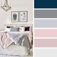 a bedroom with pink, grey and white colors