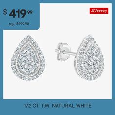 Diamond Clarity: I3Earring Back: FrictionSetting: ProngShape: PearStone Cut: RoundDiamond Color: JMetal Color: WhiteEarring Length: 10.5mmEarring Width: 7.6mmRounded Carat Weight: 1/2 Ct. T.w.Care: Wipe CleanStone Type: 72 Natural DiamondAuthenticity: Natural DiamondBirthstone: April BirthstoneEarrings Style: Stud Earrings, Multi-Diamond Earrings, Halo EarringsMetal: 10k White GoldCountry of Origin: Imported White Pear-shaped Vvs Clarity Earrings, White Pear-shaped Halo Diamond Earrings, White Teardrop Diamond Earrings For Anniversary, Hypoallergenic White Diamond Earrings Fine Jewelry, Halo Earrings, Earrings Stud, Diamond Clarity, Buy 1, White Diamond