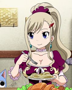 an anime character is eating spaghetti with a cat sitting next to her on the table