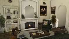 a living room filled with furniture and a fire place in the middle of a room