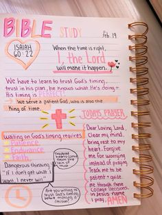 a bible study book with pink and orange writing on the page, which is filled with handwritten words