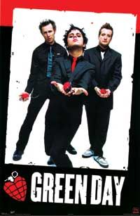 an advertisement for green day featuring three men