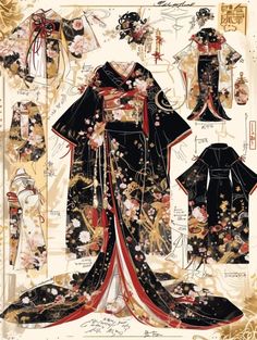 Kimono Fantasy Design, Inazuma Clothes, Mongoloid People, Fantasy Kimono Design, Fantasy Kimono, Japanese Kimono Dress, Costume Design Sketch, Fashion Show Dresses