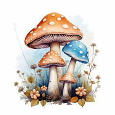 two mushrooms in the grass with flowers and plants around them on a white background illustration