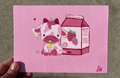 a painting of a cow next to a carton of strawberries on a pink background