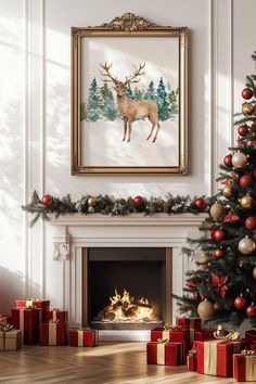 a decorated christmas tree in front of a fireplace with presents under it and a framed deer on the wall