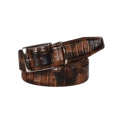 Our Two Toned Brown Mock Gator designer Italian leather belt will outlast the test of trends. At RogerXimenez.com you can customize your belt by selecting a colored stitch, size, and width. Enhance your style with any of our designer belts and brass belt buckles. Leather Belt Details 100% Italian calf leather with nubuck lining Leather tanned and finished in Italy Belt Handcrafted and Made to Order in the USA Available in brown, cobalt, cognac, navy, and white stitching Available in 40mm widths Designer Brown Belt Buckles With Removable Belt, Designer Brown Belt Buckles For Business, Designer Brown Belt Buckle For Business, Luxury Bridle Leather Belt Buckles For Business, Designer Brown Leather Belt, Luxury Brown Belts And Suspenders For Business, Luxury Brown Belt For Business, Brass Belt, Brass Belt Buckles