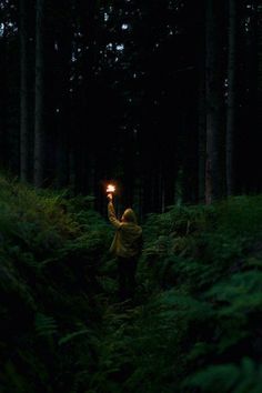 a person standing in the woods holding a light