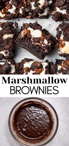 brownies with marshmallows and chocolate frosting in the middle are shown