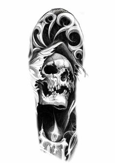 a black and white photo of a skull tattoo