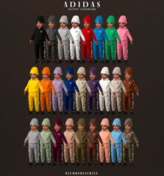 a group of dolls with different colored clothes