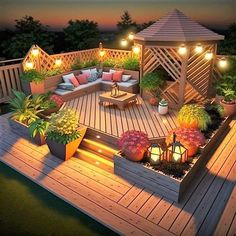 an outdoor deck with lights and potted plants