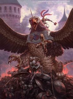 an image of a giant bird on top of a pile of rubble with two men in the background