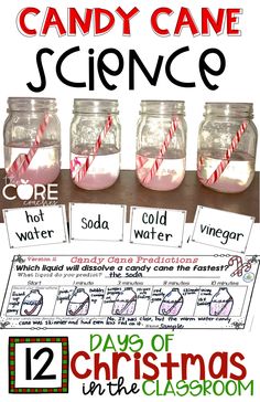 some candy canes are in mason jars with the words science written on them, and two