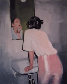 a painting of a woman brushing her teeth in front of a mirror with a baby on it