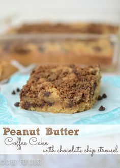 a close up of a piece of cake on a plate with the words peanut butter coffee cake