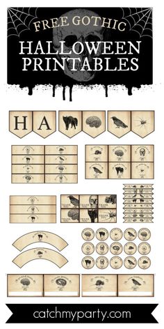 Collage of free gothic Halloween printables | Free Printable Words For Journals, Halloween Place Cards Free Printable, Free Miniature Halloween Printables 1:12, Halloween Place Cards, Gothic Junk Journal Printables Free, Free Gothic Printables, Free Printable Halloween Decorations, Free Halloween Printables Vintage, Printable Halloween Images