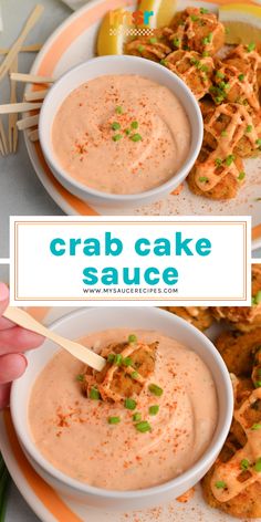 crab cake sauce in a white bowl with green garnish on top and two images above