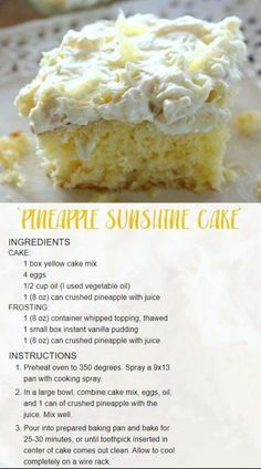 the recipe for pineapple sunshine cake is shown