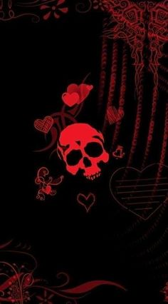 a red skull and some hearts on a black background with swirly lines around it