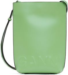 Buffed recycled calfskin shoulder bag in green. Burnished edges in black throughout. · Adjustable shoulder strap · Logo embossed at face · Magnetic press-stud closure · Recycled cotton twill lining · H7.5 x W5.5 x D2 in Supplier color: Peapod Pea Pods, Recycled Leather, Press Studs, Online Shopping Clothes, Recycled Cotton, Cotton Twill, Leather Shoulder Bag, Calf Skin, Recycling