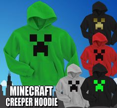 four different colored hoodies with the words minecraft creeper hoodie on them