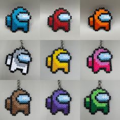 the pixel keychains have different designs on them