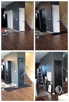 four pictures of the same room in different stages of being painted, including stairs and doors