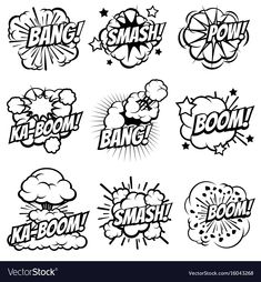 cartoon comic speech bubbles with the words bang, boom, kaboom and explosion