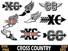 the cross country logos are designed in black and white, with different designs on them