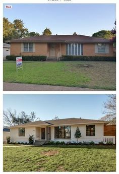 before and after photos of a home in the suburbs, from left to right is an empty front yard with a for sale sign