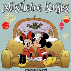 mickey and minnie kissing on the couch in front of christmas decorations with mistle kisses