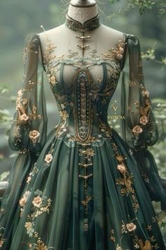 Fantasy Green Dress, Fairy Gown Goddesses, Mystical Outfits, Fairycore Dresses, Fantasy Ball, Fairytale Gown, Old Fashion Dresses, Fantasy Dresses, Green Dresses