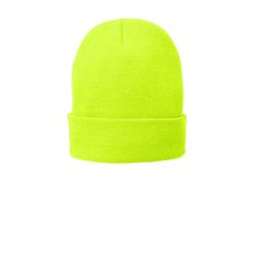 a bright yellow beanie hat on a white background