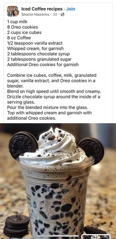 an ice cream sundae with oreo cookies on top and the caption reads iced coffee recipes john