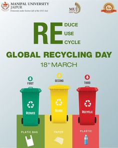 the poster for recycling day is shown in three different colors, including red, yellow and green