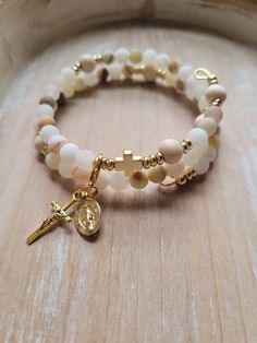 This natural stone, gold plated stainless steel modern Rosary Bracelet is inspired by a beautiful and comforting Bible passage from our Lord Jesus Christ. With the life we live today full of distractions, anxiety, and fears, we need to remember what Jesus said to us through John 14:27.  Jesus says about peace, "Peace I leave with you; my peace I give you. I do not give to you as the world gives. Do not let your hearts be troubled and do not be afraid." Stay in prayer and intercede your prayers t Christian Jewellery, Rosary Ideas, Frosted Flower, Flower Jade, Christian Bracelets, My Peace, Immaculate Heart, Faith Jewelry, Set Apart