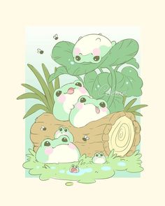 an image of some animals in the water with plants and leaves on it's sides