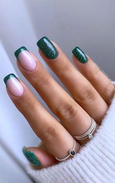 24. Shimmery Green French Tips The Eco-Friendly & Eye pleasing nail shade is urging this season. Everything from sage green nails, olive green nails,... Winter 2023 Short Nails, Short Dip Powder Nails Winter, January Dip Nails, Classy Nails Short Winter, Pretty Fingers, Christmas Gel, Nail Painting