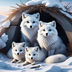 three white foxes sitting in front of a snow covered hut with sticks sticking out of it