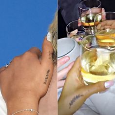 two pictures one with people holding wine glasses and the other with drinks in their hands